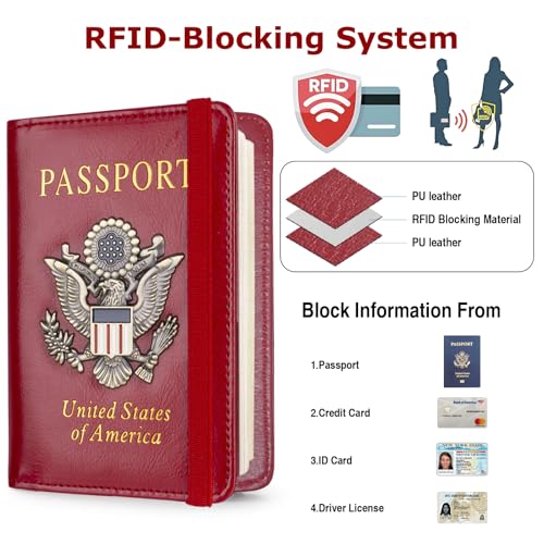 Premium Passport Holder for Travel RFID Blocking Passport Cover Slim - color: Red