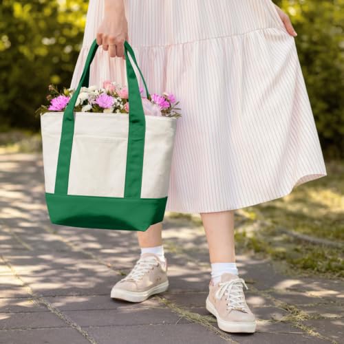 TOPDesign 1-Pack Small Canvas Tote Bag with an External Pocket, Reusable Bag, Top Zipper Closure, Daily Essentials (Green/Natural) - color: Green/Natural, size: Small