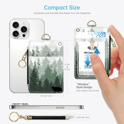 2-in-1 ID Badge Holder & Lanyard Wallet，Cute Zippered Pouch Forest - color: Forest