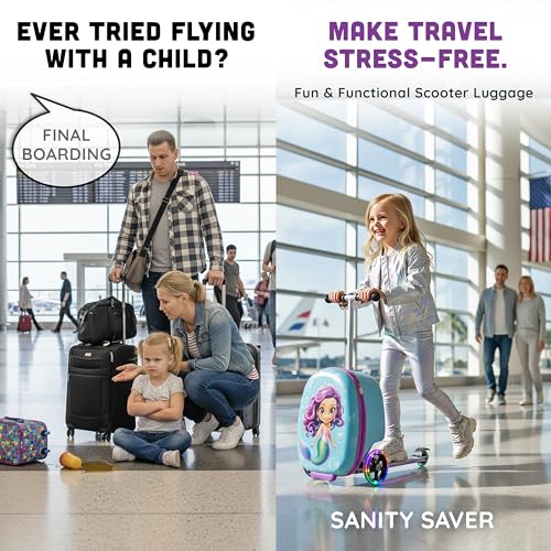 Kids Ride-On Scooter Suitcase, Carry-On Luggage, Ages 4+ - style: Mermaid