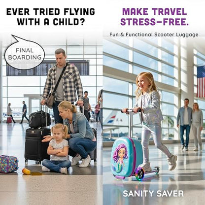 Kids Ride-On Scooter Suitcase, Carry-On Luggage, Ages 4+ - style: Mermaid
