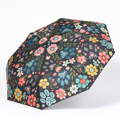 Whimsical Paw Print Compact Small Folding Travel Umbrella Auto Open Close - color: Floral Pawscape