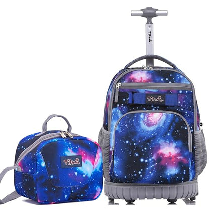 NEW TILAMI 18 Inch Rolling Backpack with Lunch Bag for Girls Boys School - color: Deep Space