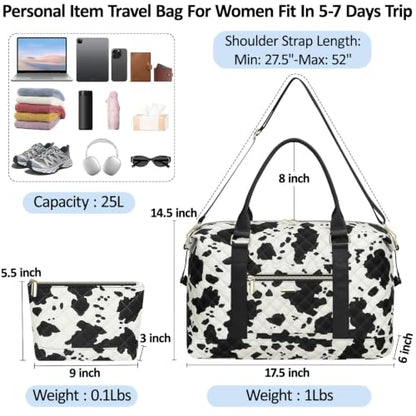 Tenot Quilted Duffle Bag for Women Travel Tote Bag with Luggage Sleeve - color: Cow Print, size: Medium