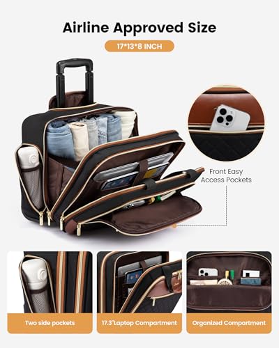LOVEVOOK Rolling Laptop Bag for Women, Underseat Carry On Bag with Wheels - color: Black-brown