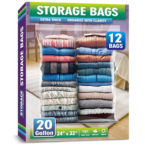 Extra Large 20 Gallon Zippered Plastic Bags for Storage- 24'' x 32'', Ideal for Clothes Clothing, Travel, Moving, 3-mil Extra Thick Clear Plastic, 12 pack - size: 20 gal-12 pack