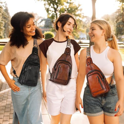 HESHE Leather Sling Bag for Women RFID Crossbody Purse Fanny Pack Chest Bag - color: Light Blue