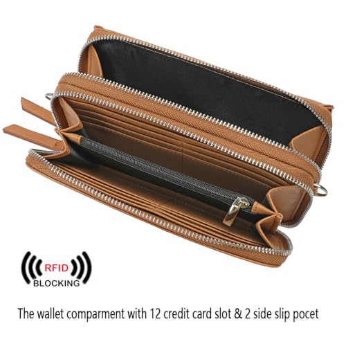 Lanyani RFID Crossbody Wallet Wristlet Purse with Phone Pocket For Women Vegan Leather - color: B-dark Mustard