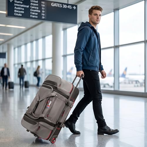 30" Expandable Rolling Duffle Bag w/Wheels and Handle | Extra Large Capacity, 2-Layer Space,Multiple Pockets, Travel Duffle Bag for Men Wome,TBL-074,Grey Red - color: Grey Red