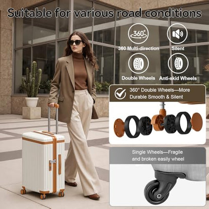 3 Piece Carry On Luggage Set with Backpack, White-Brown | PC+ABS Travel Suitcase Sets Hardshell Rolling Luggage Lightweight Durable - color: White-Brown, size: 20''/BP/TB