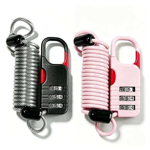 Travel Locks Cable Retractable, Mini Snowboard Lock with Combination, Small Padlock Combination with Wire for Luggage, Backpack, Suitcase, Stroller, Ski Gear, Motorcycle Helmet Anti Theft - color: Black+Pink