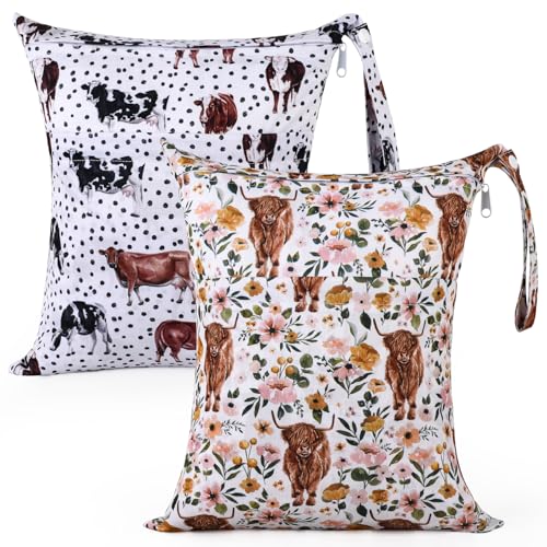 2pcs Cloth Diaper Wet Dry Bags with Two Zippered Pockets-Highland Cow - color: Cow