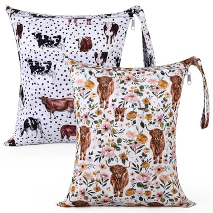 2pcs Cloth Diaper Wet Dry Bags with Two Zippered Pockets-Highland Cow - color: Cow