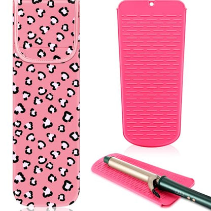 Shappy 2 Pcs Heat Resistant Curling Iron Flat Iron Travel Case,Leopard | Neoprene & Silicone Material, Double-layer Neoprene Pouch & Flexible Silicone Mat for Hot Hair Styling Tools - style: Leopard