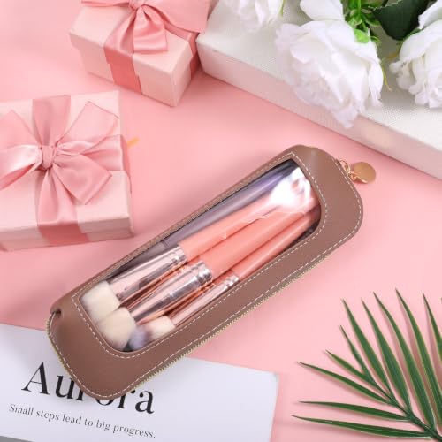 Psyqtsuary Small Clear Make Up Bag, PU Leather Portable Makeup Brush Pouch - color: Light Brown