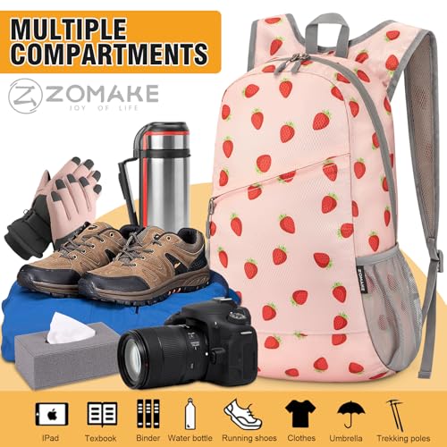 ZOMAKE Lightweight Packable Backpack 20L, Foldable Small Daypack for Hiking - color: Strawberry Print