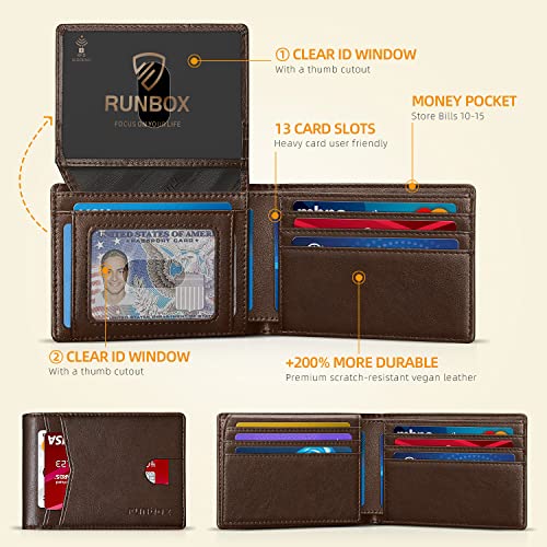 RUNBOX Wallet for Men -Slim Rfid Leather Mens Bifold Novelty Wallets 2 ID Window With Gift Box Men's Accessories - color: Classic Coffee-15 slots