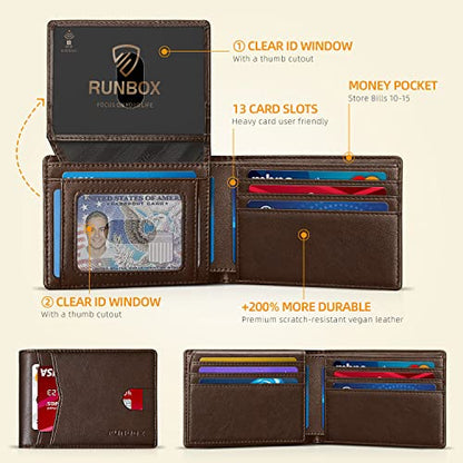 RUNBOX Wallet for Men -Slim Rfid Leather Mens Bifold Novelty Wallets 2 ID Window With Gift Box Men's Accessories - color: Classic Coffee-15 slots