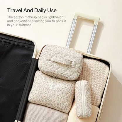 HBselect Quilted Makeup Bag, 3Pcs Cotton Large Travel Makeup Bags Organizer - color: A-3PCS-Floral 50