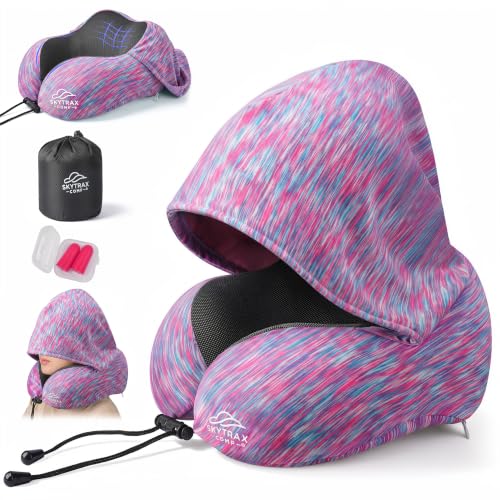 SkytraxComf® Travel Neck Pillow with Hood for Privacy on Long Flights - color: Colorful