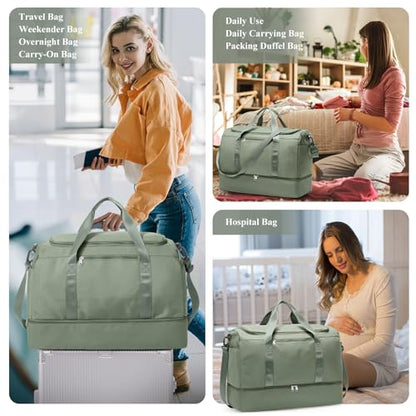 Extra Large Travel Duffel Bag, Carry-On Weekender Bags for Women Travel - color: Olive Green with Toiletry Bag, size: Extra Large