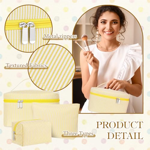Huhumy 3Pieces Cute Seersucker Makeup Bag Set for Women, Yellow, Stripe - color: Yellow, style: Stripe