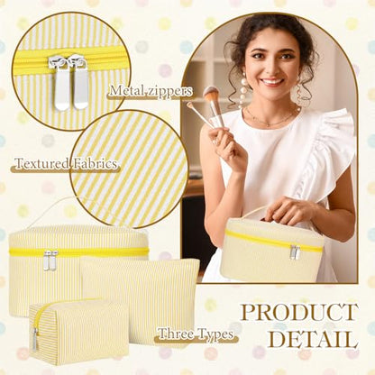 Huhumy 3Pieces Cute Seersucker Makeup Bag Set for Women, Yellow, Stripe - color: Yellow, style: Stripe
