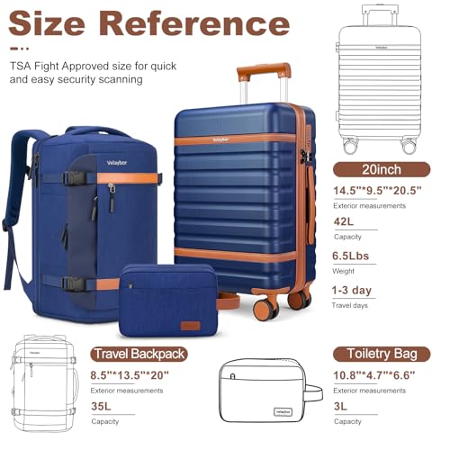 20 Inch Carry On Luggage Set 3 Piece With Travel Backpack - color: Blue, size: 3 Piece Set (20inch)