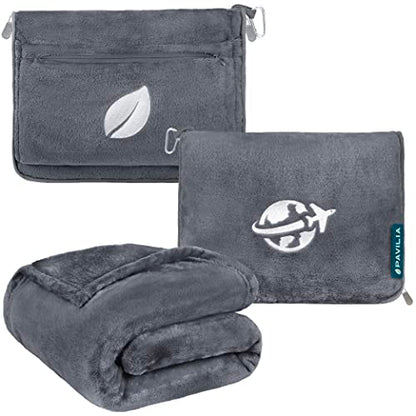 PAVILIA Compact 2-in-1 Travel Blanket Pillow for Airplane Flight, Dark Gray - color: Gray