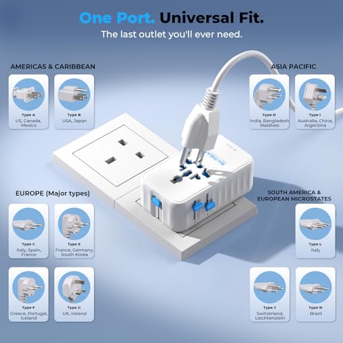 Aura 70W 국제 여행용 어댑터, 6-in-1 범용 벽 충전기 - color: Arctic White., size: 70W