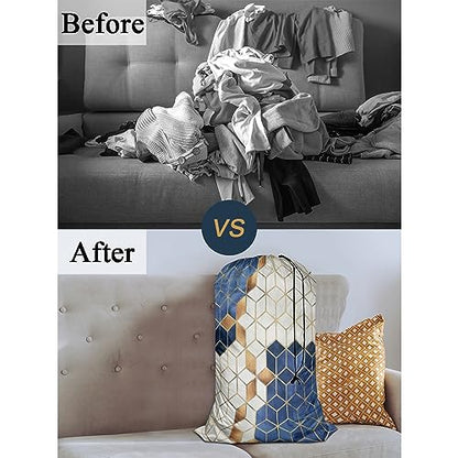 Swono Geometric Pattern Extra Large Travel Laundry Bag, Rip-Stop Dirty Clothes Shoulder Bag with Drawstring, Gold Blue Cube Design Heavy Duty Travel Laundry Bag, Large Laundry Hamper Liner, - color: Geometric Pattern