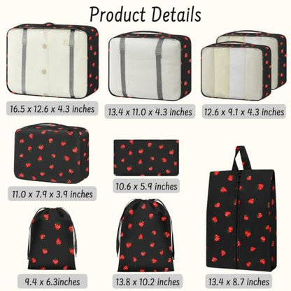 9 Set Packing Cubes for Travel Essentials - Lightweight Carry-On Luggage Organizer Bags with Shoe, Clothes & Laundry Bags for Airplane, Family & Business Travel, Black strawberry - color: Black strawberry