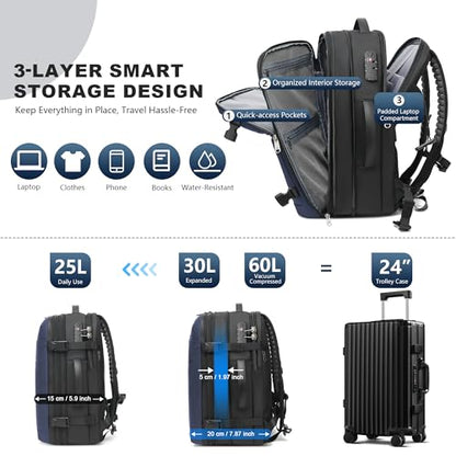 POSO Vacuum Backpack Travel, 60L Expandable Vacuum Seal Backpack with Pump & Laptop Compartment (Fits 17") - color: Navy Blue, size: Vacuum Enabled