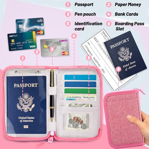 Passport Holder for Travel, RFID Blocking Wallet for Couples Men and Family - color: Pink