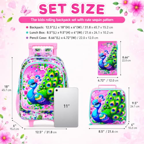 UFNDC 4PCS Girls Backpack with Wheels, Cute Kids Peacock Wheeled Backpack，Roller School Bag with Wheels for Elementary Preschool Travel - color: UV Printing Green Peacock Rolling Backpack