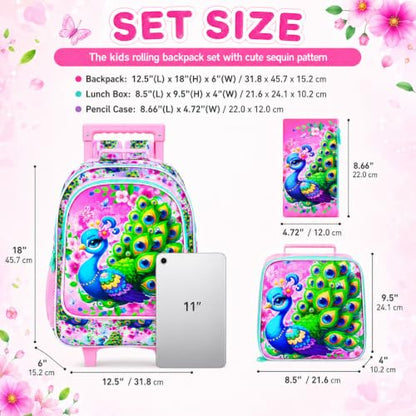 UFNDC 4PCS Girls Backpack with Wheels, Cute Kids Peacock Wheeled Backpack，Roller School Bag with Wheels for Elementary Preschool Travel - color: UV Printing Green Peacock Rolling Backpack