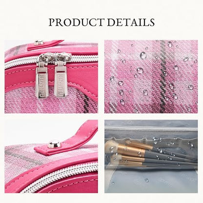 BOYATU Travel Makeup Bag for Women: 3 Pcs Set Scottish Plaid Make up Bag - color: E-4-Pink
