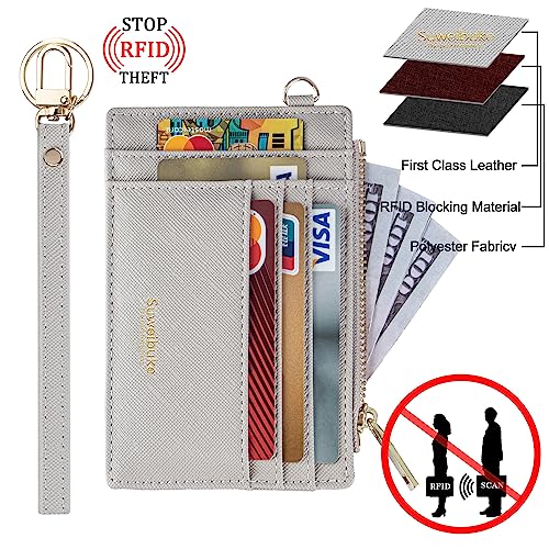 Wikavanli Women Slim Rfid Blocking Credit Card Case Holder Wristlet Zip ID Case Wallet Small Compact Leather Wallet Coin Purse with Keychain (Light Gray) - color: Light Gray