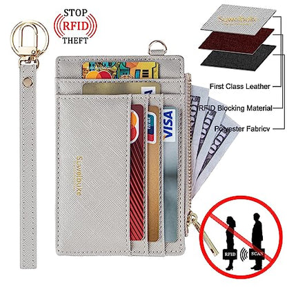 Wikavanli Women Slim Rfid Blocking Credit Card Case Holder Wristlet Zip ID Case Wallet Small Compact Leather Wallet Coin Purse with Keychain (Light Gray) - color: Light Gray