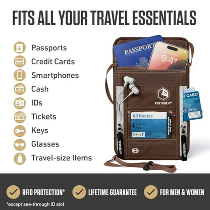 VENTURE 4TH Travel Neck Wallet, RFID Blocking Passport Holder - Brown - color: Brown