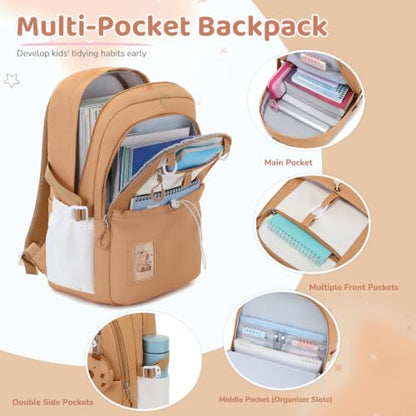 DIGOBAY Backpack for Girls, 5PCS School Bookbag with Lunch Box Pencil Case - color: Brown
