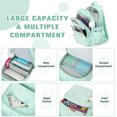 Bevalsa Backpack for Girls Backpack for School with Lunch Bag Pencil Case - color: Green Butterfly