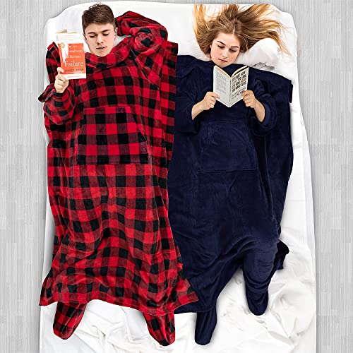 PAVILIA Fleece Blanket with Sleeves, Foot Pockets for Women Men, Navy Blue - color: Navy, size: Fleece