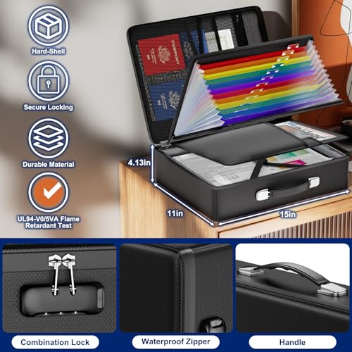 JHSafer 6400 ℉ Fireproof Document Box with Lock, Hard Case Safe Box - size: 15" x 11" x 4.13",13 pockets colorful