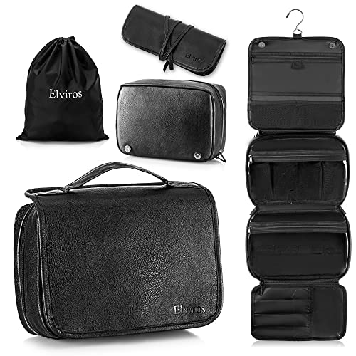 Elviros Hanging Toiletry Bag Removable Travel Bag PU leather Makeup Cosmetic Organizer Kit, Black - color: Black, size: 1 Pack