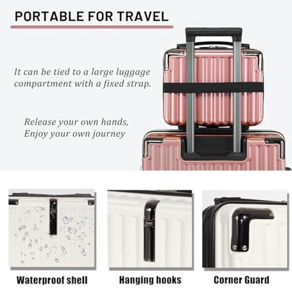 VNIMTI Makeup Travel Case, Hard Shell Cosmetic Case Organizer, Portable Cosmetic Bag, Mini Makeup Luggage with Shoulder Strap, ABS Surface, Zipper, Large Capacity, White - color: White
