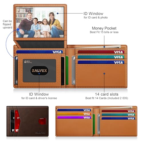 ZALVEX Wallet for Men Slim RFID Blocking Leather Credit Card Holder Wallet - color: Coffee + Brown