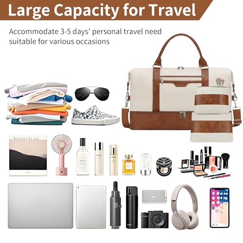 Oeihuivt Weekender Bags for Women - 21 Inch Large Travel Duffel Bag 3-Piece Set with Shoe Compartment, Heavy-Duty Canvas & Leather Carry On Overnight Tote (Airplane Approved) - color: Brown-Beige-A