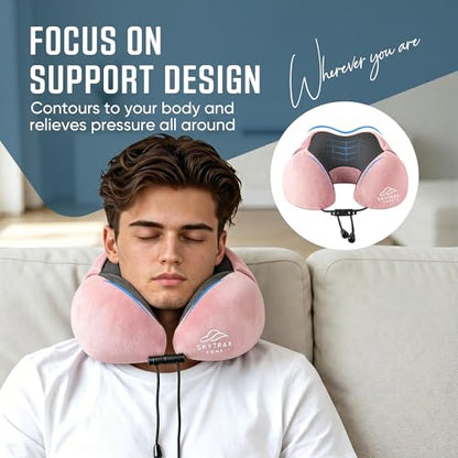 SkytraxComf® Travel Neck Pillow with Hood for Privacy on Long Flights - color: Pink