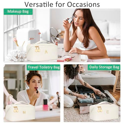 Gifts for Women Bridesmaid Initial Makeup Bag | Personalized PU Leather Cosmetic Waterproof Travel Toiletry Bag (Large-Beige-M) - color: LargeBeige, style: M